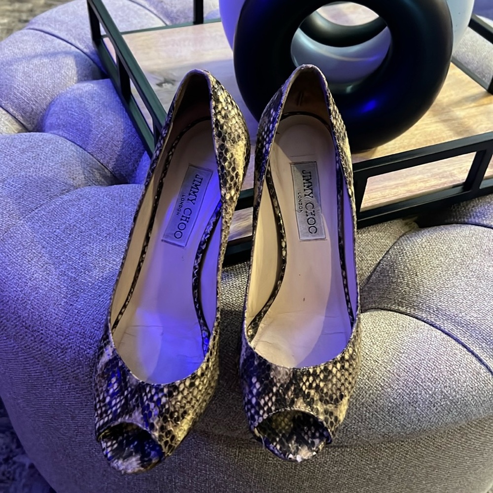Jimmy Choo Snakeskin Peep Toe Pumps…Size 37